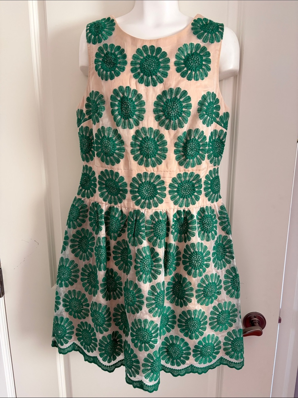 leifsdottir Beige Dress with Green Floral Appliqué